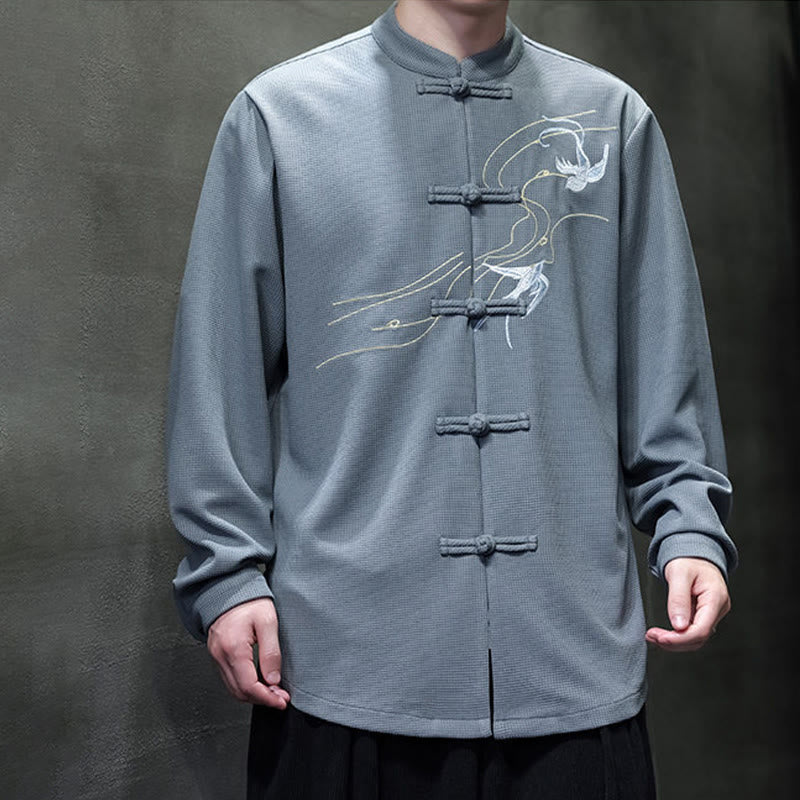 Camicia da uomo a maniche lunghe con colletto rialzato, ricamo a forma di rondine, bottoni a rana, Buddha Stones - image 14