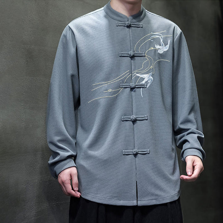 Camicia da uomo a maniche lunghe con colletto rialzato, ricamo a forma di rondine, bottoni a rana, Buddha Stones - image 14