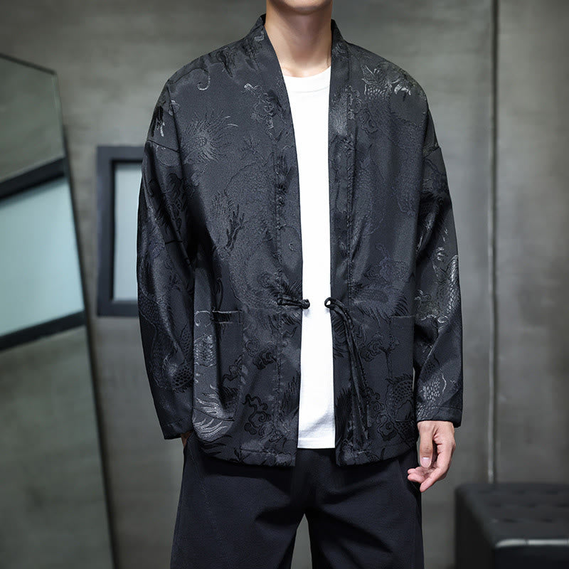 Camicia da uomo in jacquard con colletto rialzato, maniche lunghe, bottoni a rana, motivo Buddha Stones Dragon Tang Suit - Nero - US/UK/AU46, EU56 (5XL) - image 0