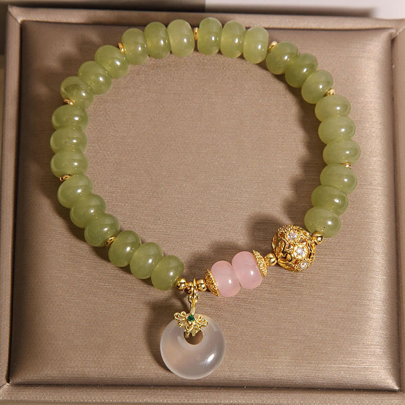 Braccialetto della fortuna con fibbia naturale in giada e quarzo rosa, Buddha Stones e significato della pace - image 3