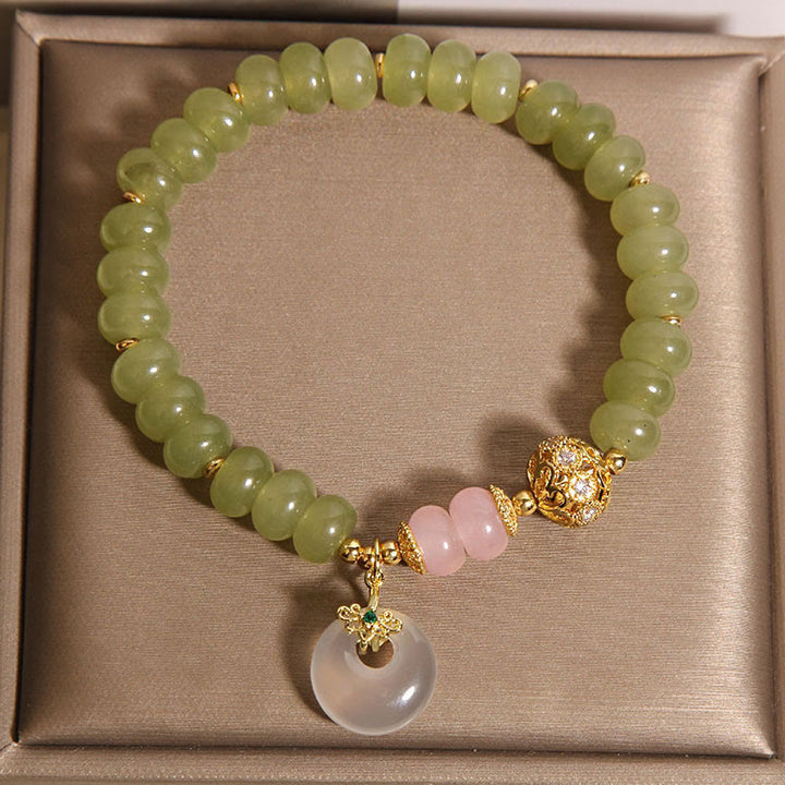 Braccialetto della fortuna con fibbia naturale in giada e quarzo rosa, Buddha Stones e significato della pace - image 3
