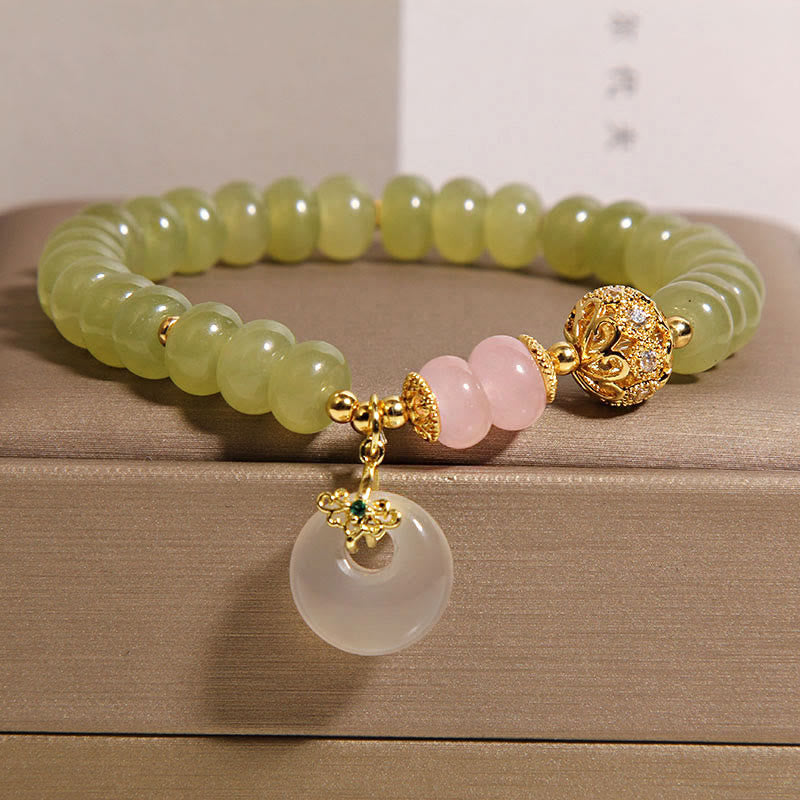 Braccialetto della fortuna con fibbia naturale in giada e quarzo rosa, Buddha Stones e significato della pace - Giada (circonferenza del polso: 15-17 cm) - image 0