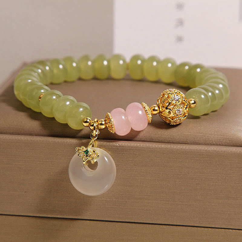 Braccialetto della fortuna con fibbia naturale in giada e quarzo rosa, Buddha Stones e significato della pace - image 1