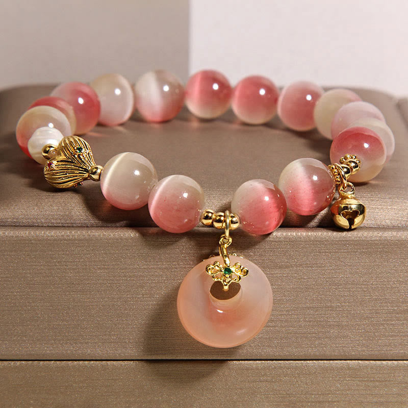 Bracciale della pace in agata Yanyuan con occhio di gatto rosa sfumato e fibbia naturale della pace Buddha Stones - Occhio di gatto rosa (circonferenza polso: 15-17 cm) - image 0