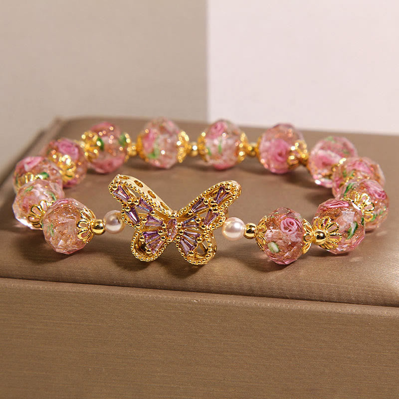 Braccialetto di cristallo rosa con motivo a farfalla naturale Buddha Stones - image 1