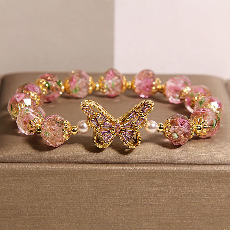 Braccialetto di cristallo rosa con motivo a farfalla naturale Buddha Stones - Cristallo rosa (Circonferenza del polso: 15-17 cm) - image 0