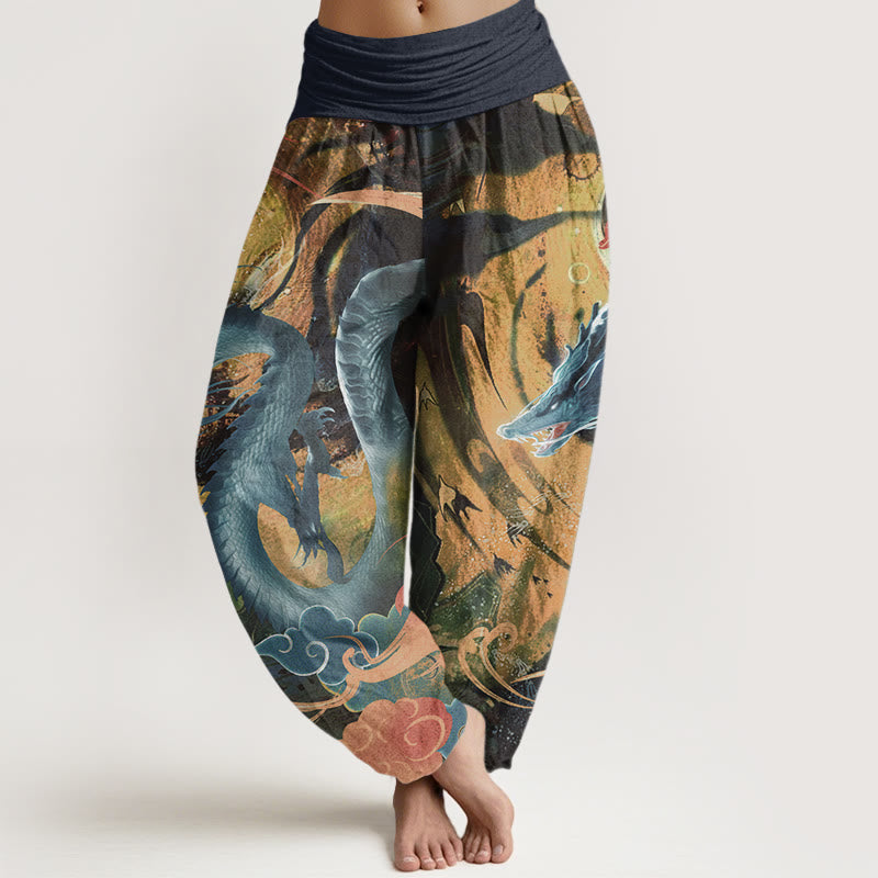 Pantaloni harem da donna con elastico in vita, in puro cotone, con motivo a nuvole di buon auspicio e drago, motivo Buddha Stones - Blu notte - US22, UK/AU26, EU54 (6XL) - image 8