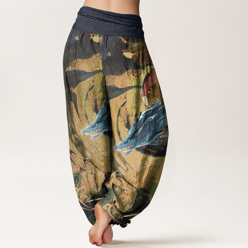 Pantaloni harem da donna con elastico in vita, in puro cotone, con motivo a nuvole di buon auspicio e drago, motivo Buddha Stones - image 9