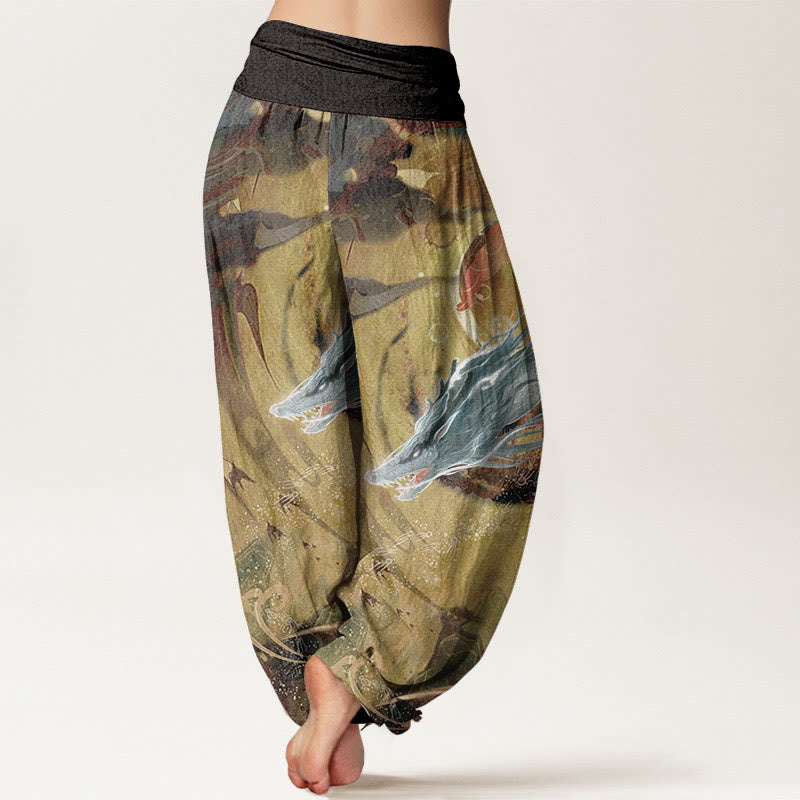Pantaloni harem da donna con elastico in vita, in puro cotone, con motivo a nuvole di buon auspicio e drago, motivo Buddha Stones - image 1