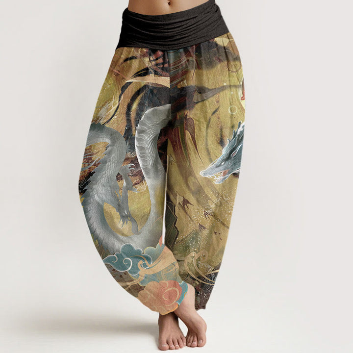 Pantaloni harem da donna con elastico in vita, in puro cotone, con motivo a nuvole di buon auspicio e drago, motivo Buddha Stones - Giallo - US22, UK/AU26, EU54 (6XL) - image 0