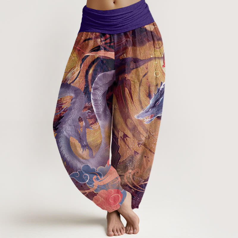 Pantaloni harem da donna con elastico in vita, in puro cotone, con motivo a nuvole di buon auspicio e drago, motivo Buddha Stones - Viola - US22, UK/AU26, EU54 (6XL) - image 5