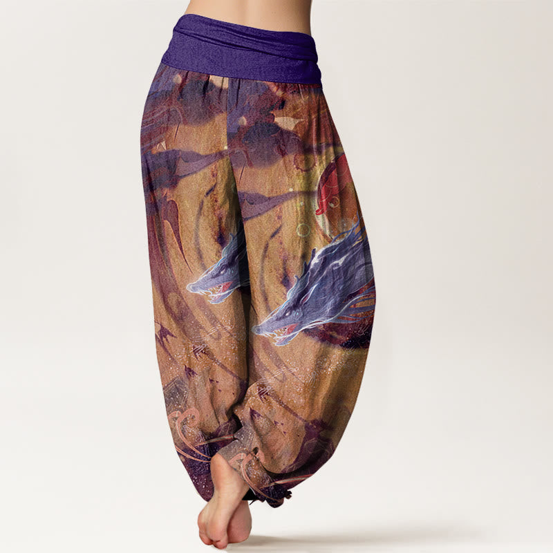Pantaloni harem da donna con elastico in vita, in puro cotone, con motivo a nuvole di buon auspicio e drago, motivo Buddha Stones - image 6