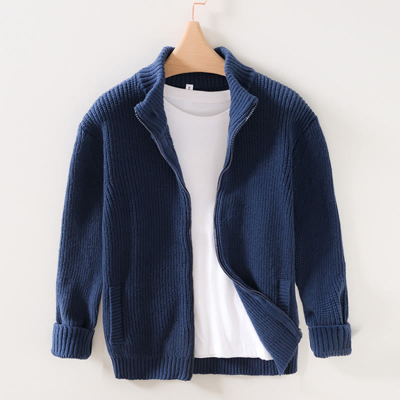 Cardigan invernale in maglia tinta unita con cerniera, da uomo, a maniche lunghe, in cotone, con tasche , Buddha Stones - Blu scuro - US/UK/AU40, EU50 (2XL) - image 0