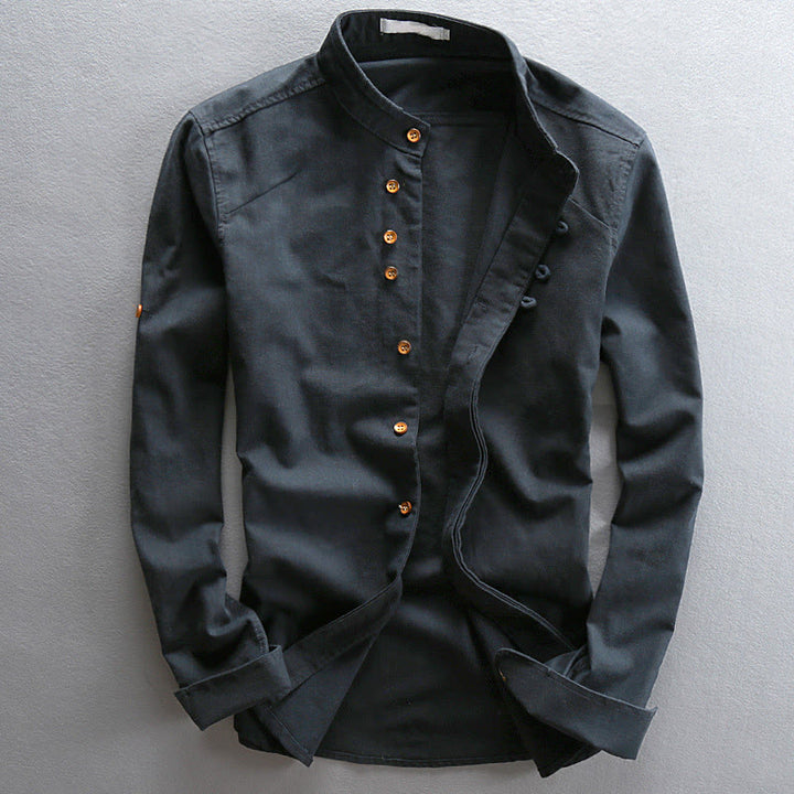 Camicia da uomo a maniche lunghe in cotone e lino con collo alto e vestibilità slim, modello a collo alto, con stampa Buddha Stones. - Blu notte - US/UK/AU48, EU58 (7XL) - image 0