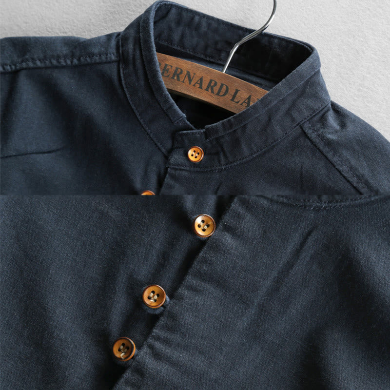 Camicia da uomo a maniche lunghe in cotone e lino con collo alto e vestibilità slim, modello a collo alto, con stampa Buddha Stones. - image 1