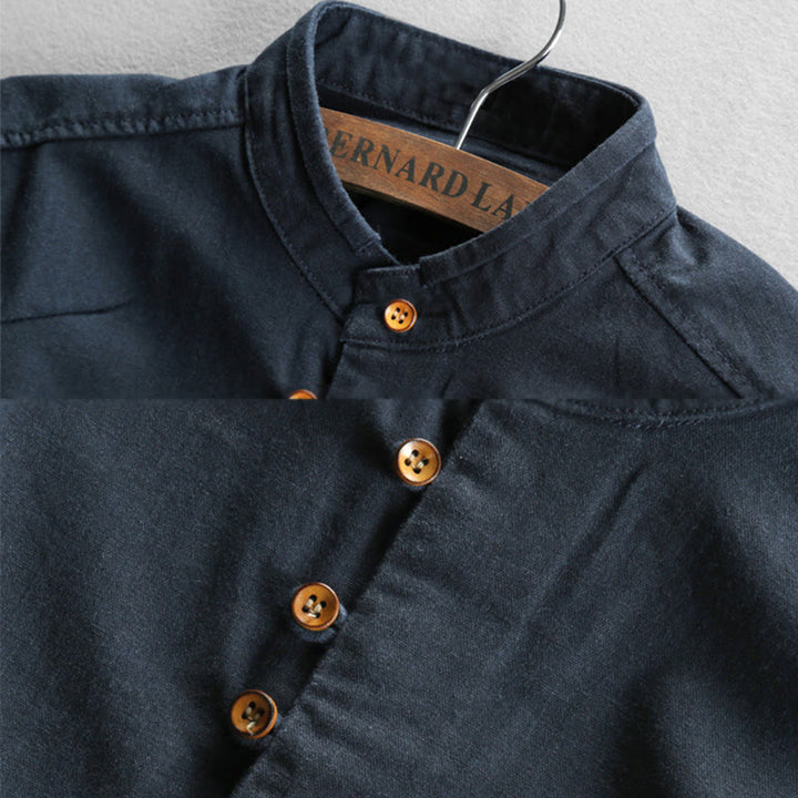 Camicia da uomo a maniche lunghe in cotone e lino con collo alto e vestibilità slim, modello a collo alto, con stampa Buddha Stones. - image 1