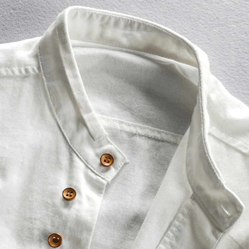 Camicia da uomo a maniche lunghe con collo alto e stampa Buddha Stones, vestibilità slim, in cotone e lino. - image 4