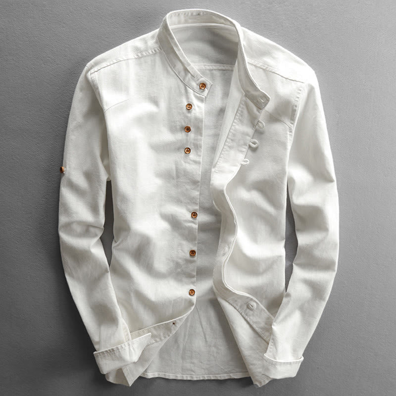 Camicia da uomo a maniche lunghe in cotone e lino con collo alto e vestibilità slim, modello a collo alto, con stampa Buddha Stones. - Bianco - US/UK/AU48, EU58 (7XL) - image 3