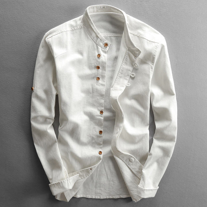Camicia da uomo a maniche lunghe in cotone e lino con collo alto e vestibilità slim, modello a collo alto, con stampa Buddha Stones. - Bianco - US/UK/AU48, EU58 (7XL) - image 3
