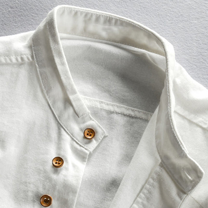 Camicia da uomo a maniche lunghe in cotone e lino con collo alto e vestibilità slim, modello a collo alto, con stampa Buddha Stones. - image 4