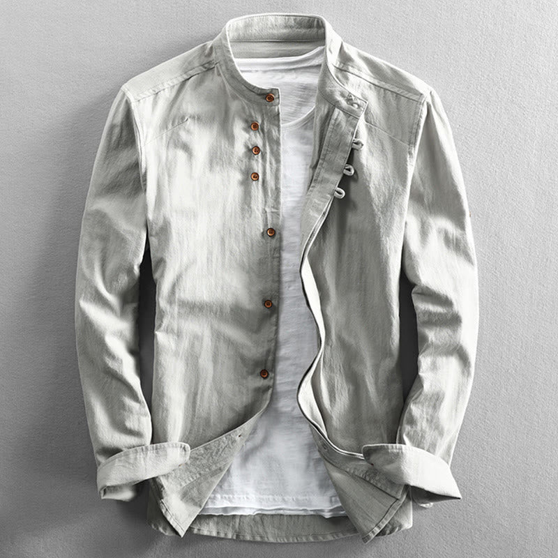 Camicia da uomo in cotone e lino con collo alto, vestibilità slim, maniche lunghe e girocollo, modello Buddha Stones - Fumo bianco - US/UK/AU50, EU60 (7XL) - image 12