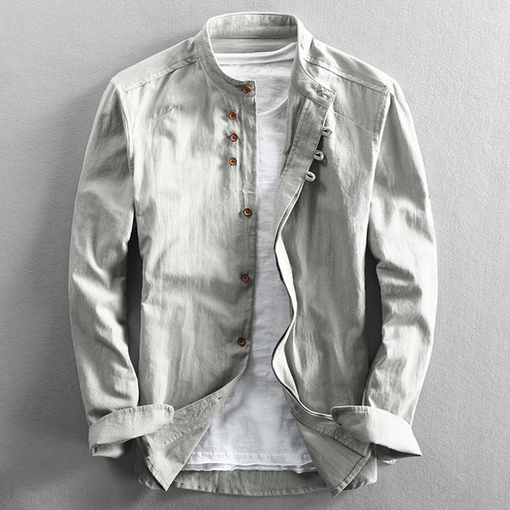 Camicia da uomo in cotone e lino con collo alto, vestibilità slim, maniche lunghe e girocollo, modello Buddha Stones - Fumo bianco - US/UK/AU50, EU60 (7XL) - image 12