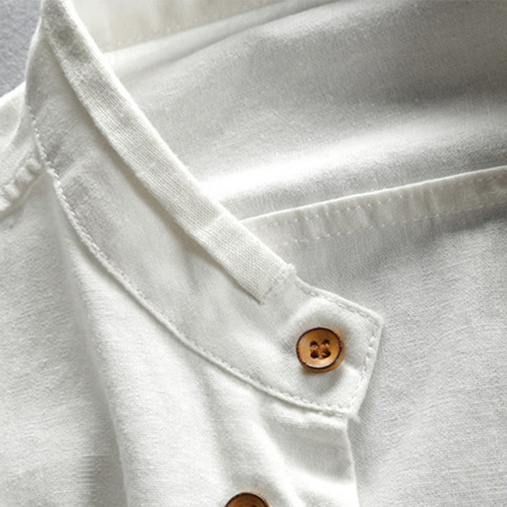 Camicia da uomo in cotone e lino con collo alto, vestibilità slim, maniche lunghe e girocollo, modello Buddha Stones - image 6