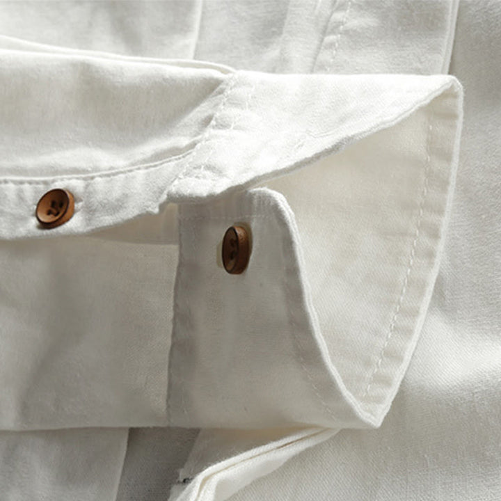 Camicia da uomo a maniche lunghe con collo alto e stampa Buddha Stones, vestibilità slim, in cotone e lino. - image 9