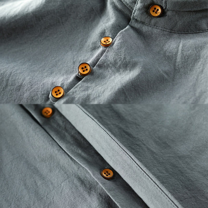 Camicia da uomo a maniche lunghe in cotone e lino con collo alto e vestibilità slim, modello a collo alto, con stampa Buddha Stones. - image 11
