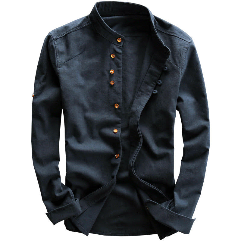 Camicia da uomo a maniche lunghe in cotone e lino con collo alto e vestibilità slim, modello a collo alto, con stampa Buddha Stones. - image 2