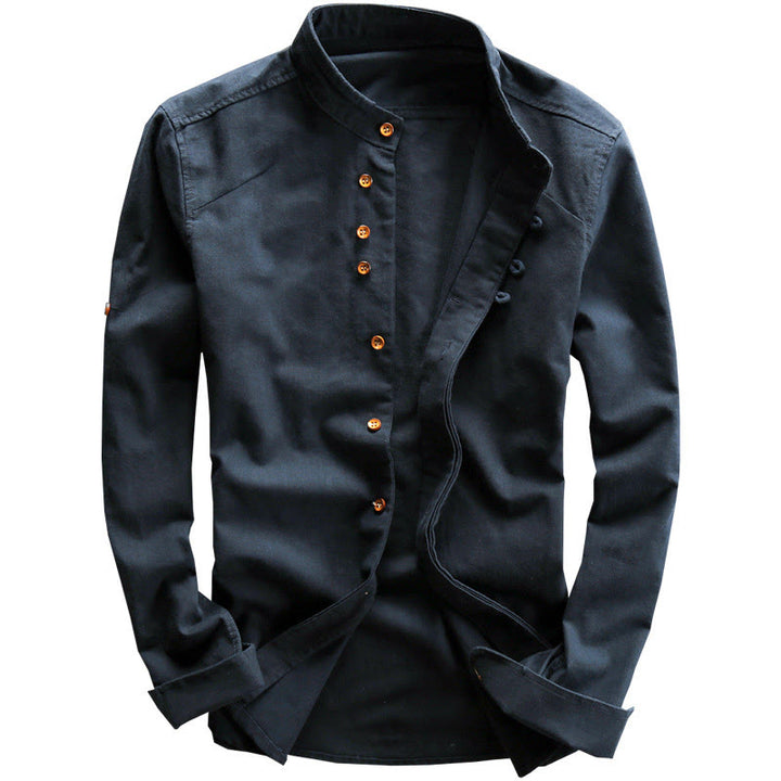 Camicia da uomo a maniche lunghe in cotone e lino con collo alto e vestibilità slim, modello a collo alto, con stampa Buddha Stones. - image 2