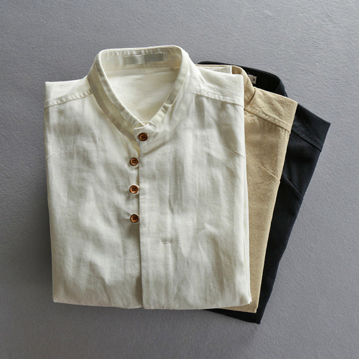 Camicia da uomo a maniche lunghe in cotone e lino con collo alto e vestibilità slim, modello a collo alto, con stampa Buddha Stones. - image 13