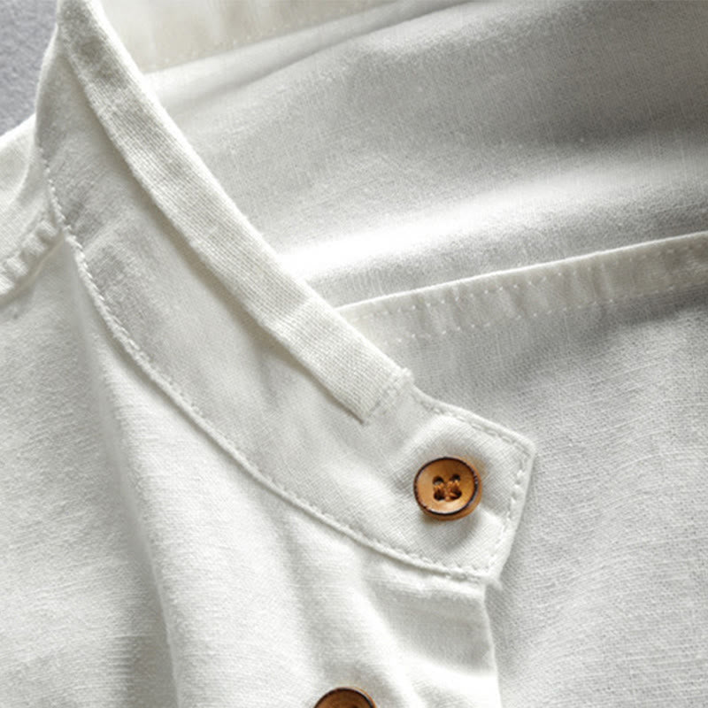 Camicia da uomo a maniche lunghe con collo alto e stampa Buddha Stones, vestibilità slim, in cotone e lino. - image 6