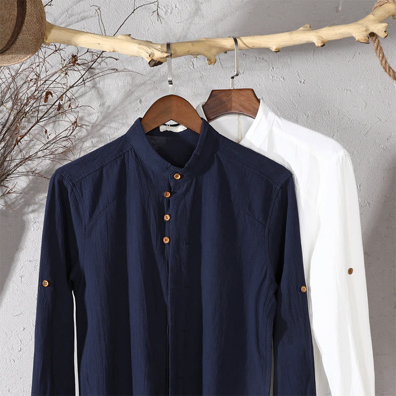 Camicia da uomo in cotone e lino con collo alto, vestibilità slim, maniche lunghe e girocollo, modello Buddha Stones - image 14