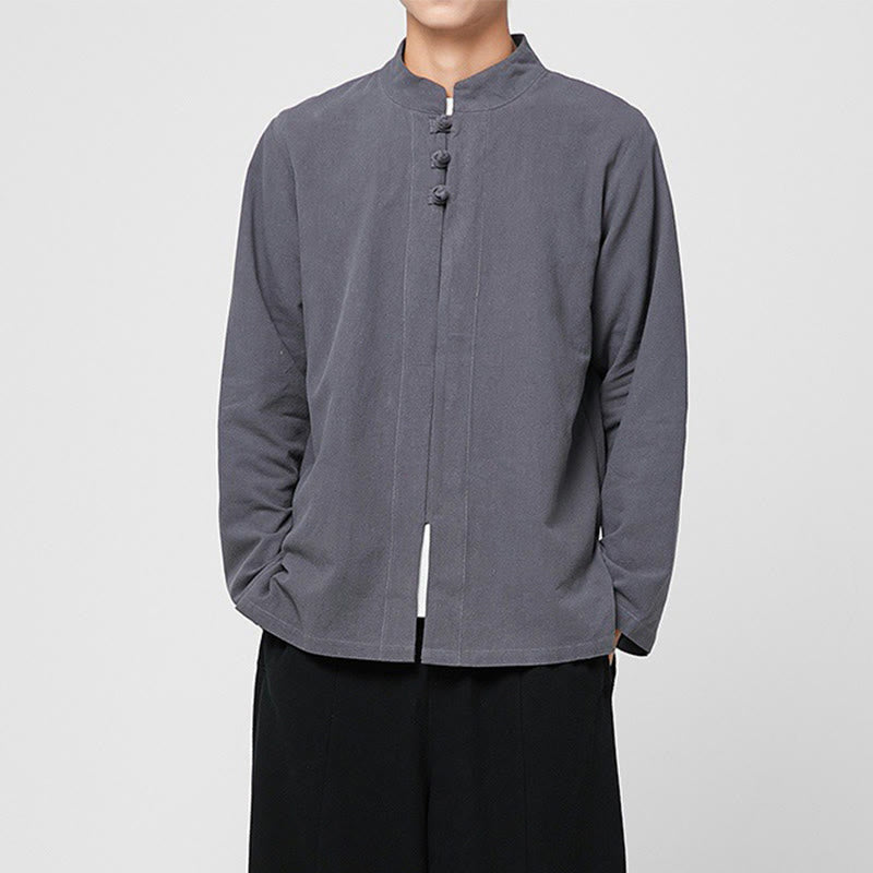 Camicia da uomo in cotone a maniche lunghe con spacchi laterali, stile tang, con bottoni cinesi Buddha Stones - image 1