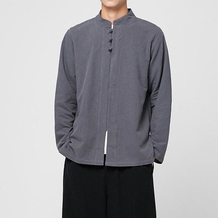 Camicia da uomo in cotone a maniche lunghe con spacchi laterali, stile tang, con bottoni cinesi Buddha Stones - image 1