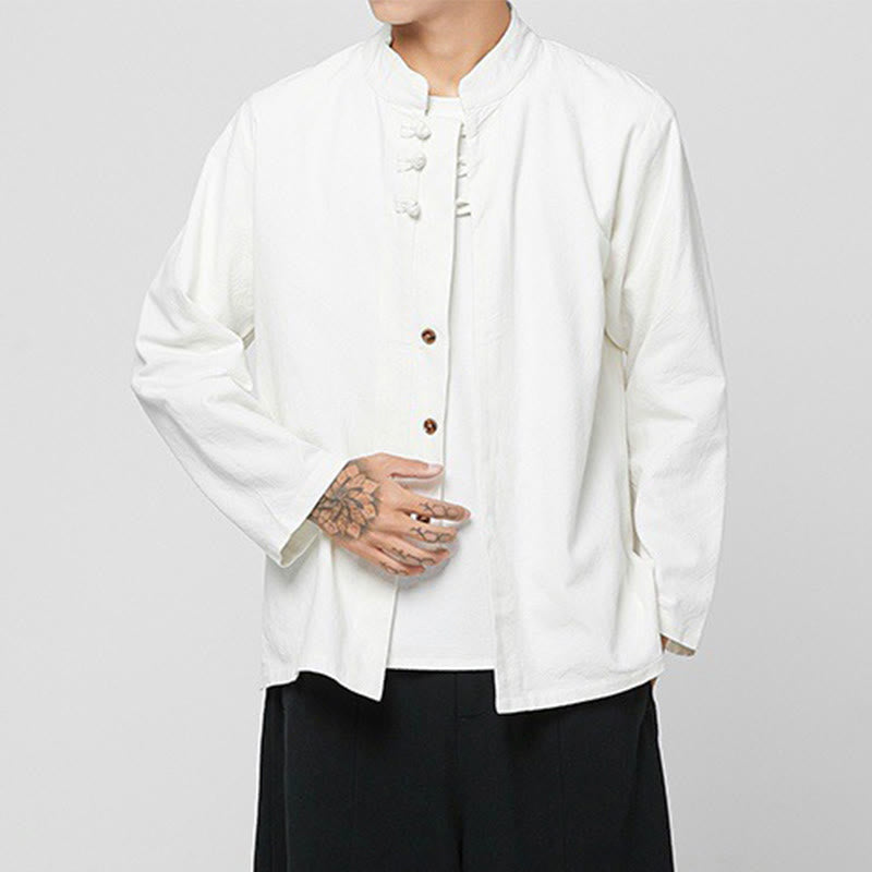 Camicia da uomo in cotone a maniche lunghe con spacchi laterali, stile tang, con bottoni cinesi Buddha Stones - image 26