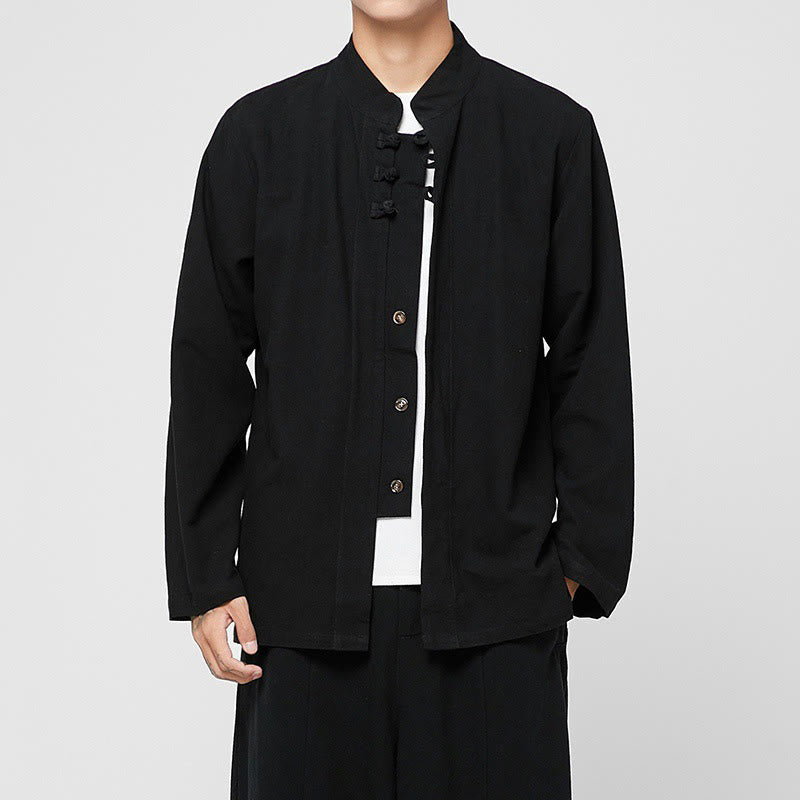 Camicia da uomo in cotone a maniche lunghe con spacchi laterali, stile tang, con bottoni cinesi Buddha Stones - Nero - US/UK/AU46, EU56 (5XL) - image 7