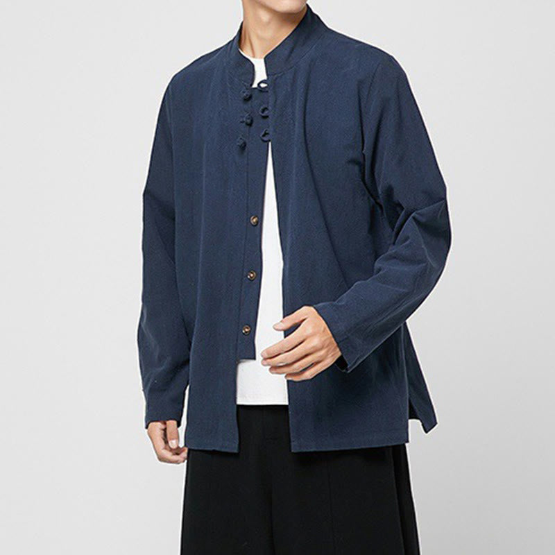 Camicia da uomo in cotone a maniche lunghe con spacchi laterali, stile tang, con bottoni cinesi Buddha Stones - image 15