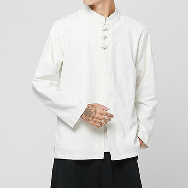 Camicia da uomo in cotone a maniche lunghe con spacchi laterali, stile tang, con bottoni cinesi Buddha Stones - image 25