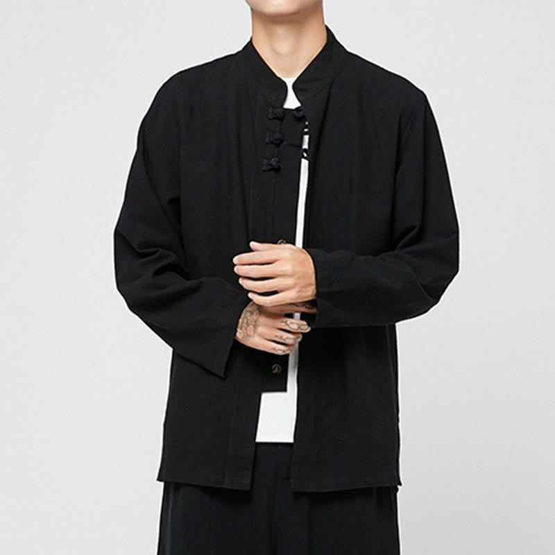 Camicia da uomo in cotone a maniche lunghe con spacchi laterali, stile tang, con bottoni cinesi Buddha Stones - image 9