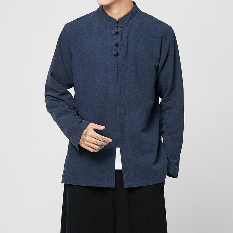 Camicia da uomo in cotone a maniche lunghe con spacchi laterali, stile tang, con bottoni cinesi Buddha Stones - image 14