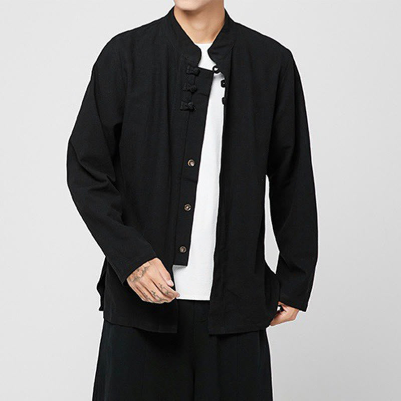 Camicia da uomo in cotone a maniche lunghe con spacchi laterali, stile tang, con bottoni cinesi Buddha Stones - image 8