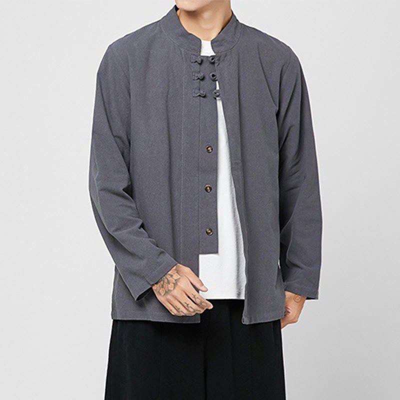 Camicia da uomo in cotone a maniche lunghe con spacchi laterali, stile tang, con bottoni cinesi Buddha Stones - image 2