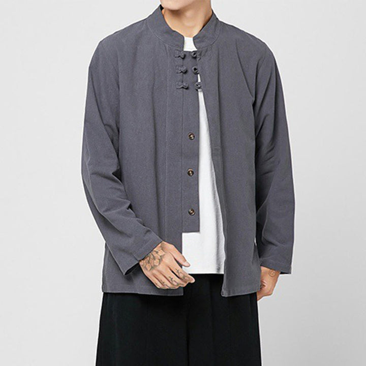 Camicia da uomo in cotone a maniche lunghe con spacchi laterali, stile tang, con bottoni cinesi Buddha Stones - image 2