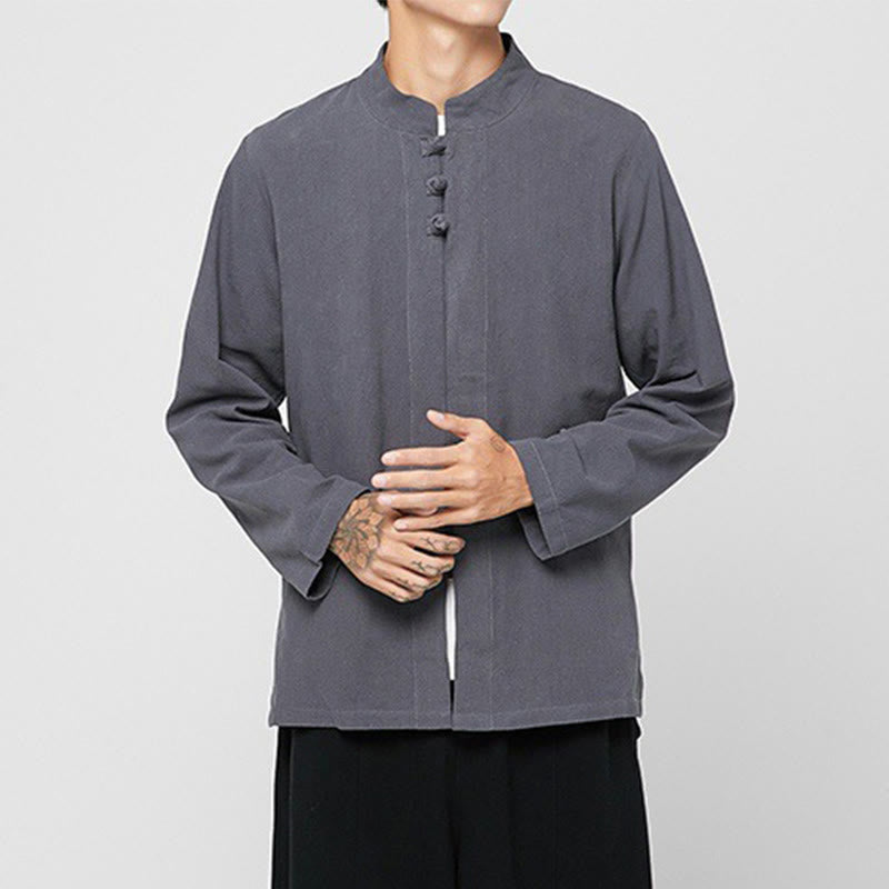 Camicia da uomo in cotone a maniche lunghe con spacchi laterali, stile tang, con bottoni cinesi Buddha Stones - image 3