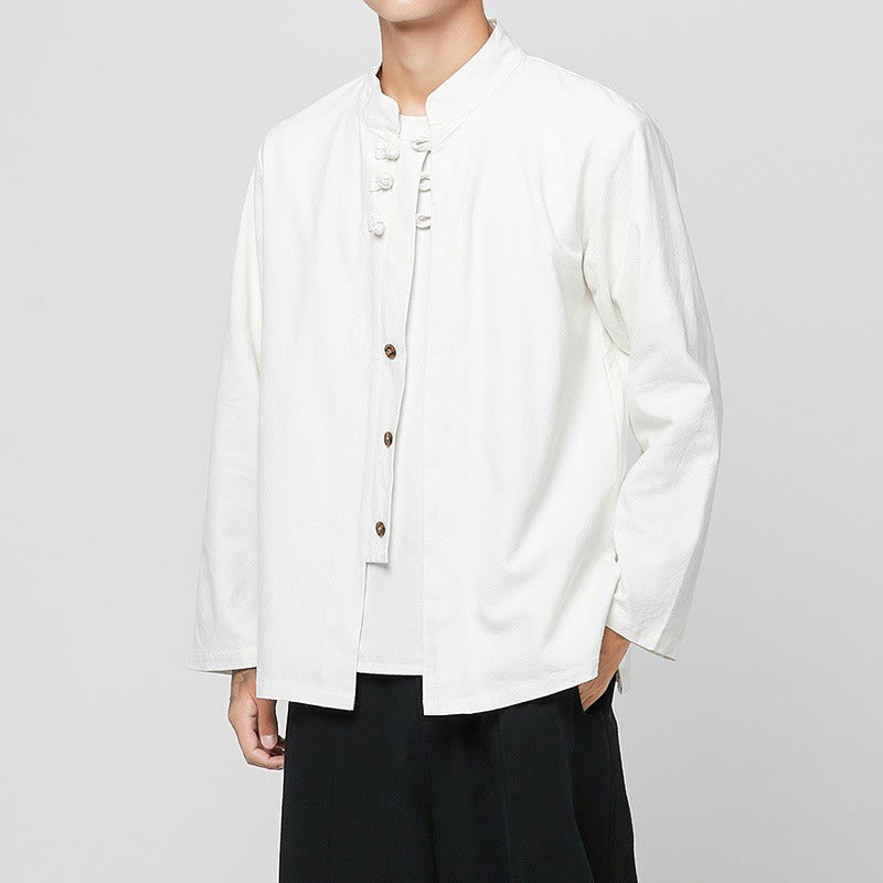 Camicia da uomo in cotone a maniche lunghe con spacchi laterali, stile tang, con bottoni cinesi Buddha Stones - Bianco - US/UK/AU46, EU56 (5XL) - image 20