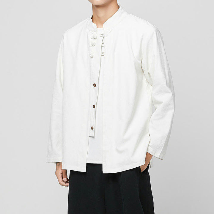 Camicia da uomo in cotone a maniche lunghe con spacchi laterali, stile tang, con bottoni cinesi Buddha Stones - Bianco - US/UK/AU46, EU56 (5XL) - image 20