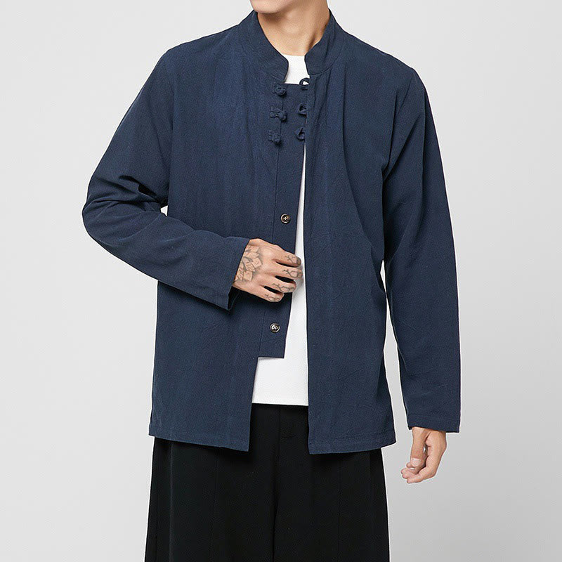 Camicia da uomo in cotone a maniche lunghe con spacchi laterali, stile tang, con bottoni cinesi Buddha Stones - Blu scuro - US/UK/AU46, EU56 (5XL) - image 12