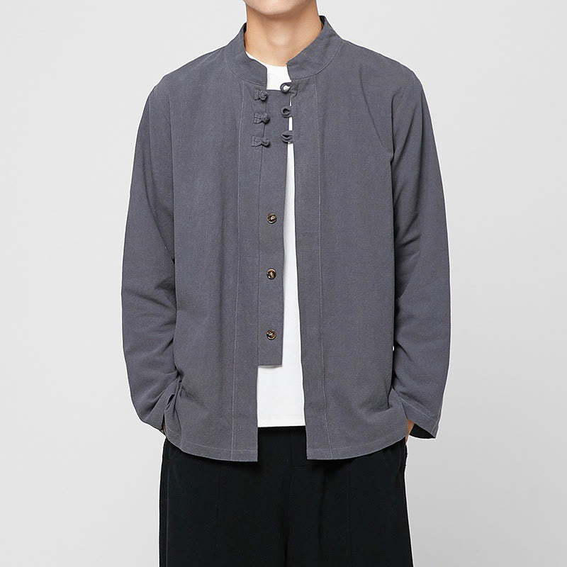 Camicia da uomo in cotone a maniche lunghe con spacchi laterali, stile tang, con bottoni cinesi Buddha Stones - Grigio ardesia chiaro - US/UK/AU46, EU56 (5XL) - image 0
